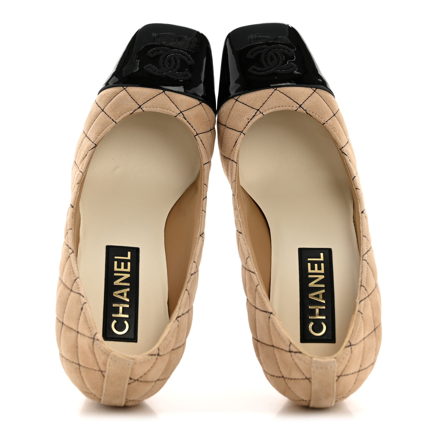 SUEDE KIDSKIN PATENT QUILTED CC CAP TOE PUMPS BEIGE BLACK