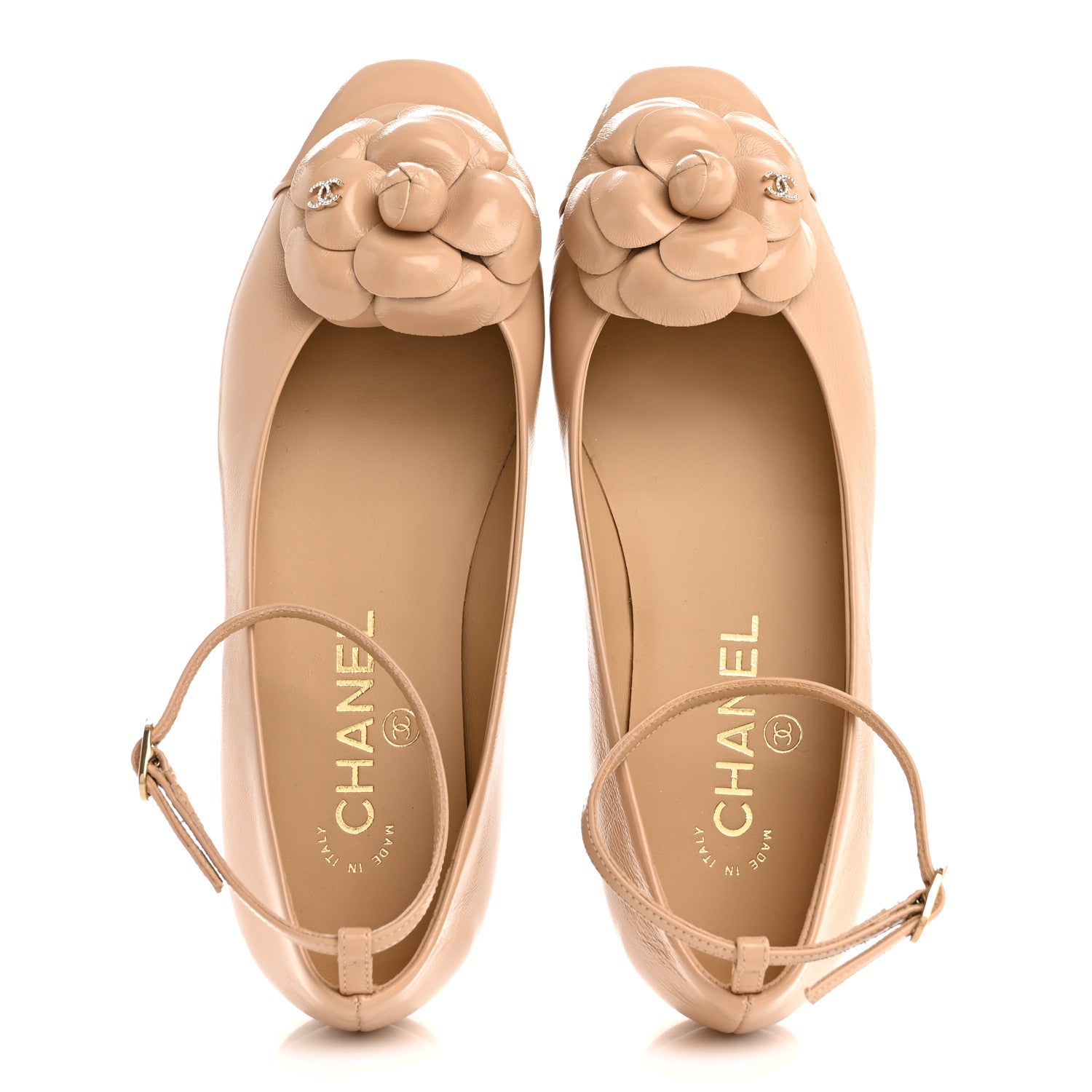 SHINY CALFSKIN CAMELLIA ANKLE STRAP BALLERINA FLATS BEIGE