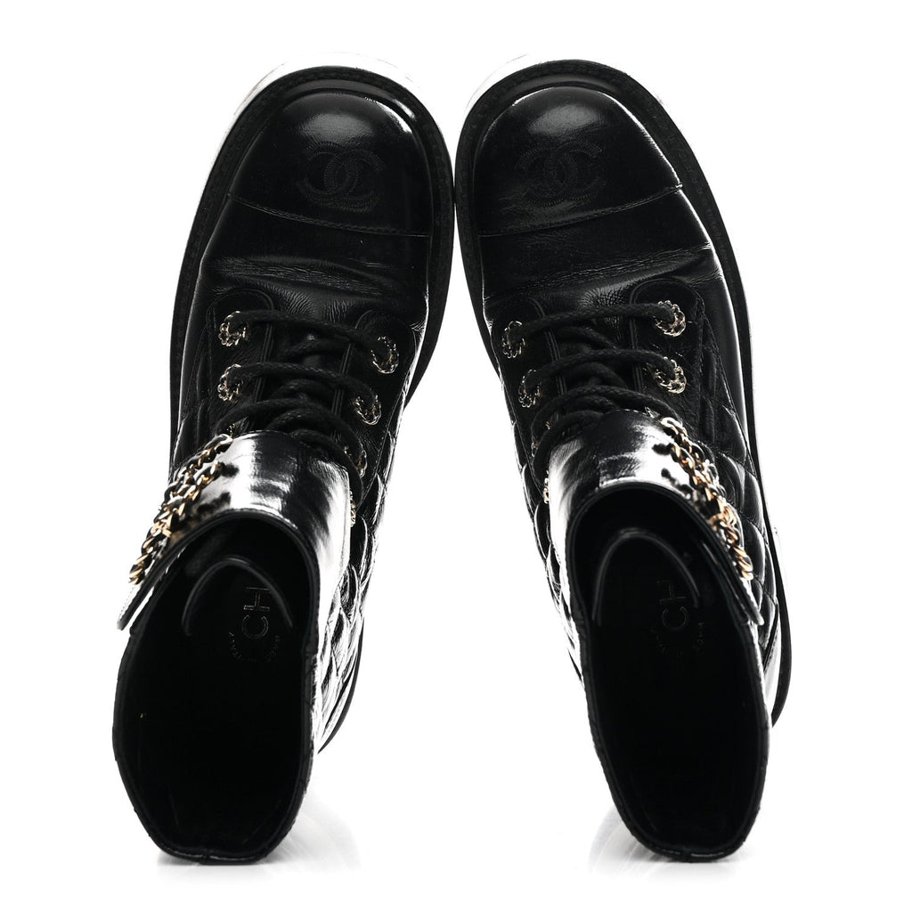 SHINY GOATSKIN CALFSKIN QUILTED LACE UP COMBAT BOOTS BLACK