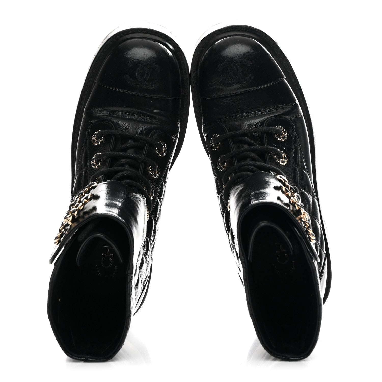 SHINY GOATSKIN CALFSKIN QUILTED LACE UP COMBAT BOOTS BLACK