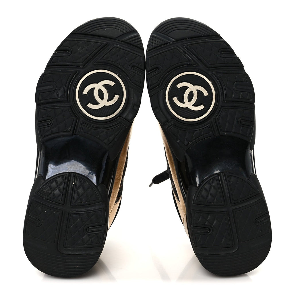 SATIN LAMBSKIN FABRIC TWEED CC SNEAKERS GOLD BLACK