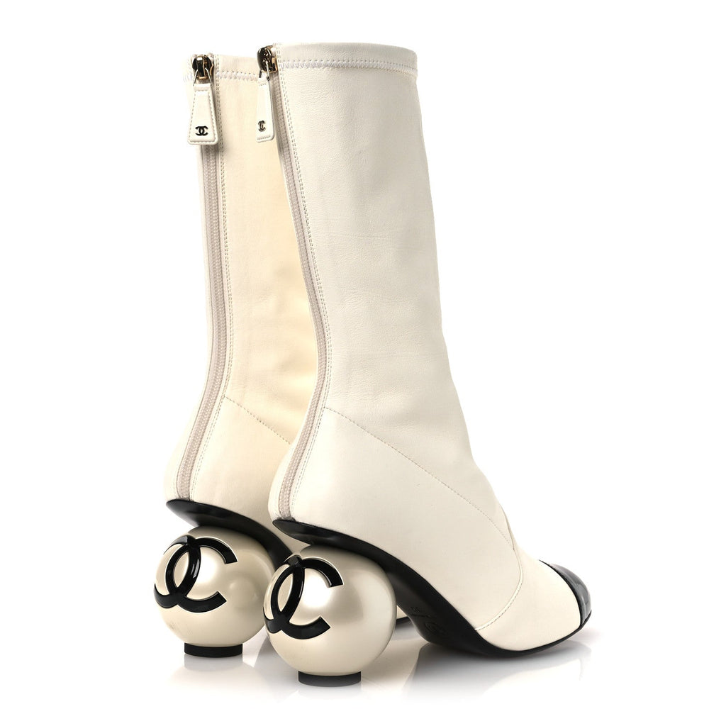 STRETCH LAMBSKIN PATENT CAP TOE PEARL BALL MID CALF BOOTS WHITE BLACK
