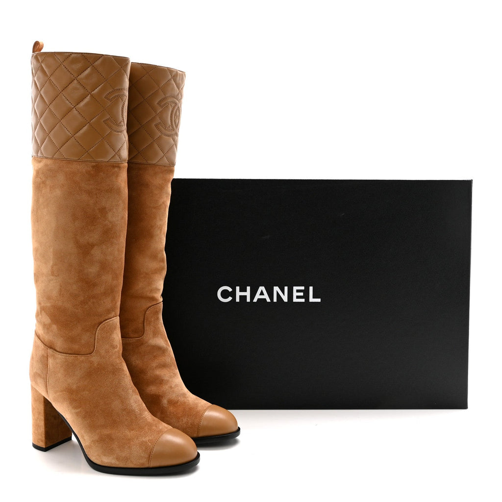 SUEDE CALFSKIN LAMBSKIN QUILTED KNEE HIGH HEEL BOOTS BEIGE