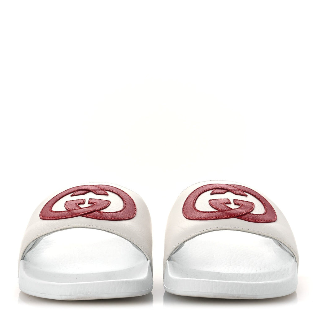 NAPPA MIRO SOFT CALFSKIN INTERLOCKING G MENS SLIDE SANDALS WHITE HIBISCUS RED