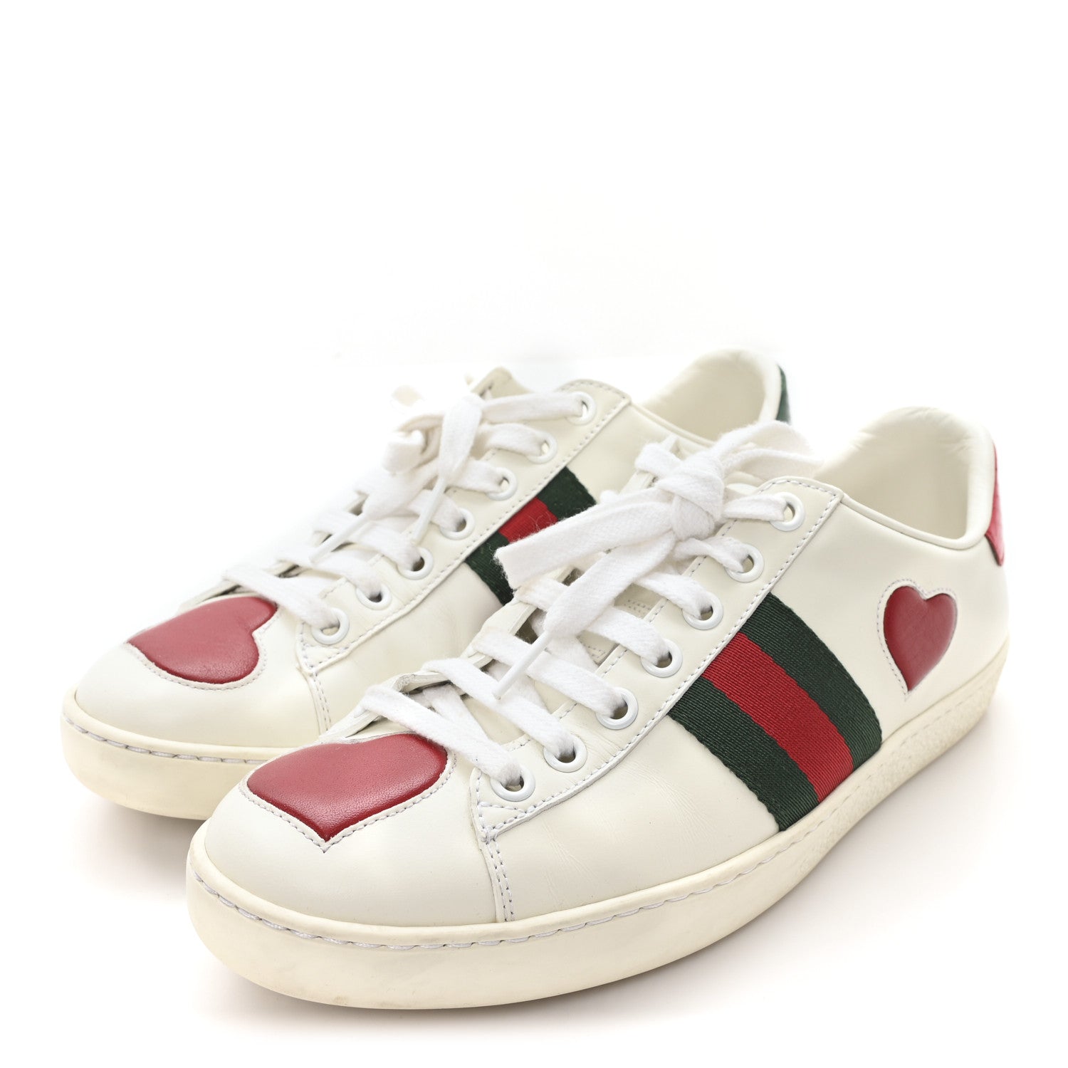 CALFSKIN WEB HEART EMBROIDERED WOMENS ACE SNEAKERS WHITE