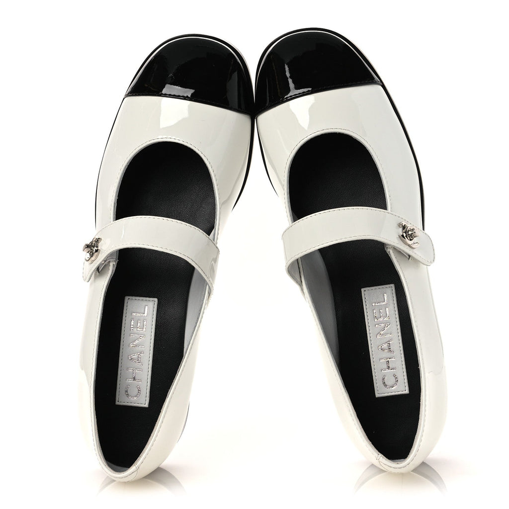 PATENT CALFSKIN MARY JANES FLATS WHITE BLACK