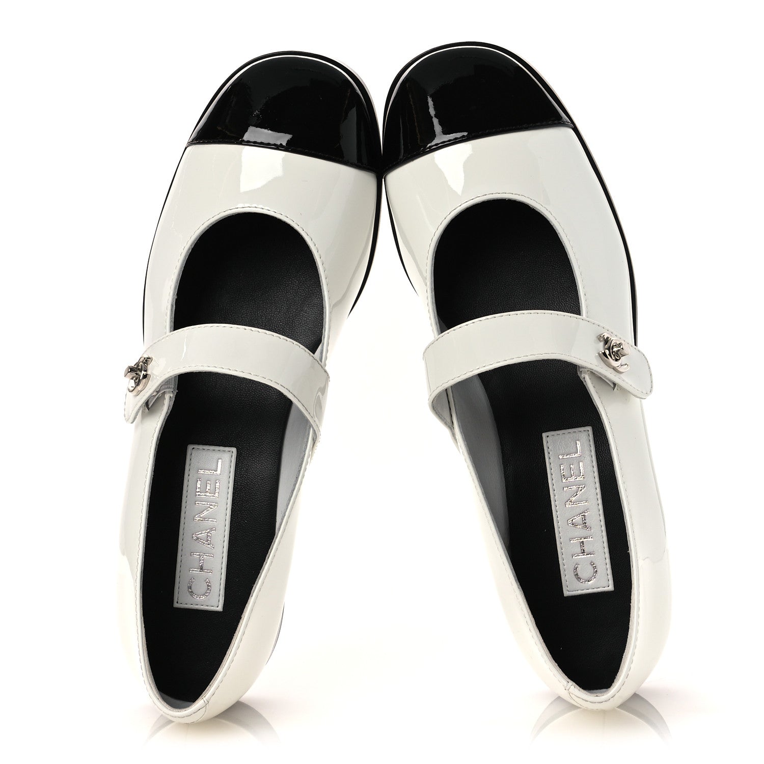 PATENT CALFSKIN MARY JANES FLATS WHITE BLACK