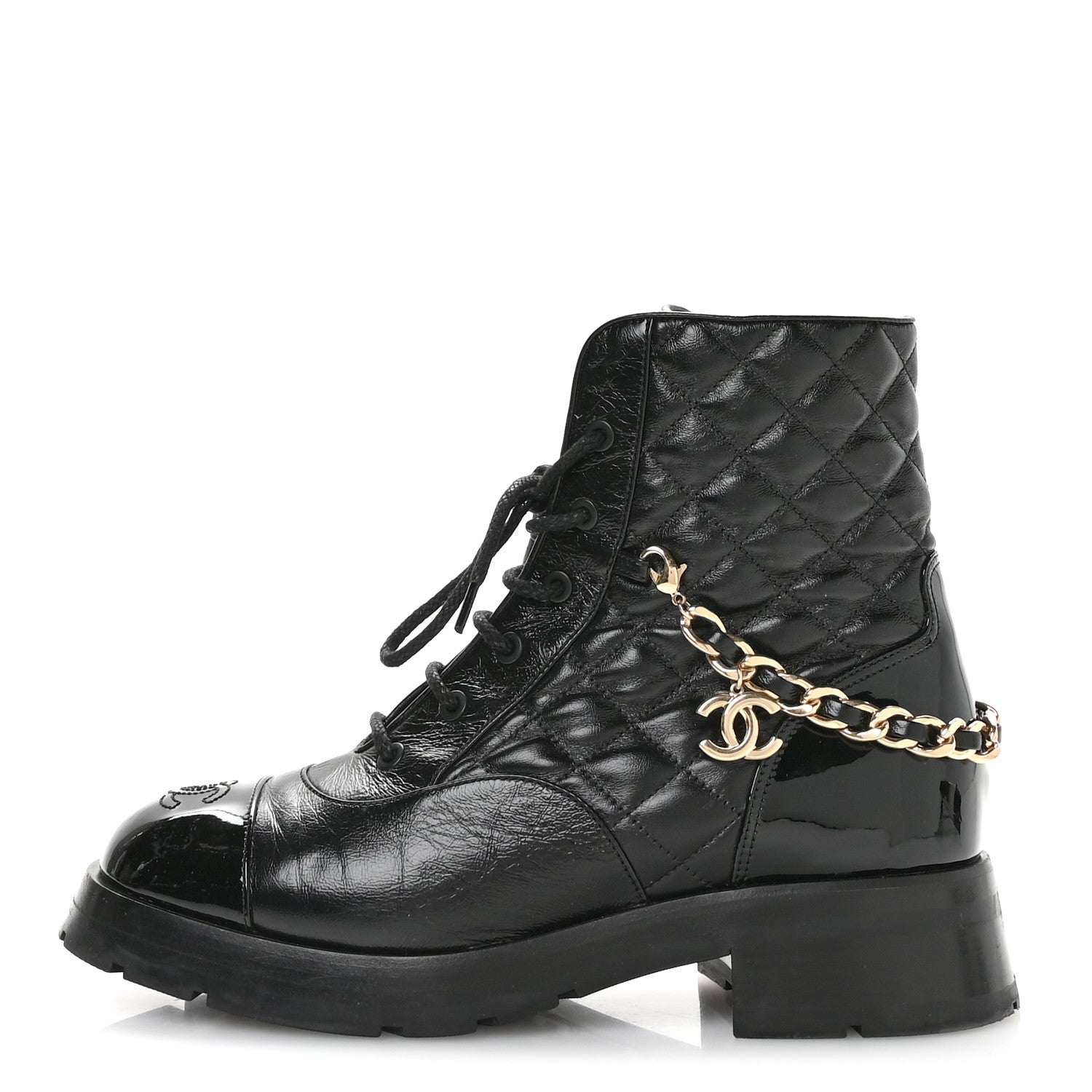 SHINY CALFSKIN PATENT QUILTED CHAIN LACE UP COMBAT BOOTS BLACK