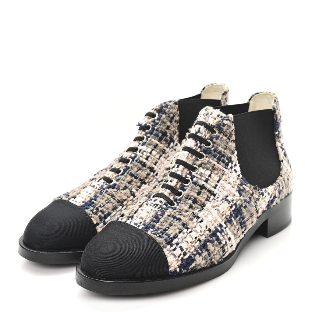 TWEED CALFSKIN PEARL COMBAT SHORT BOOTS BEIGE PINK BLACK