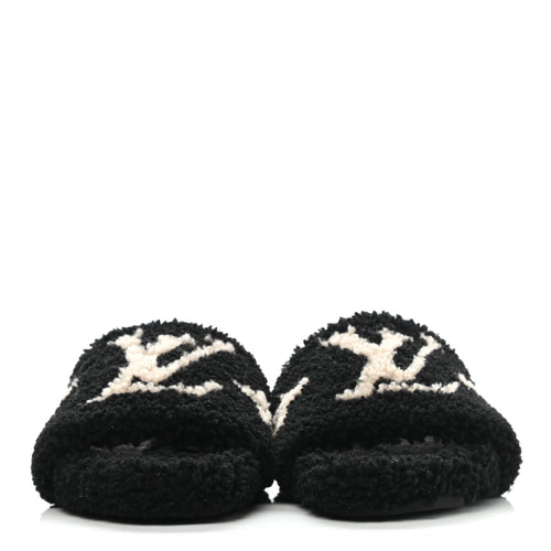 LOUIS VUITTON SHEARLING BOM DIA FLAT MULE IN BLACK