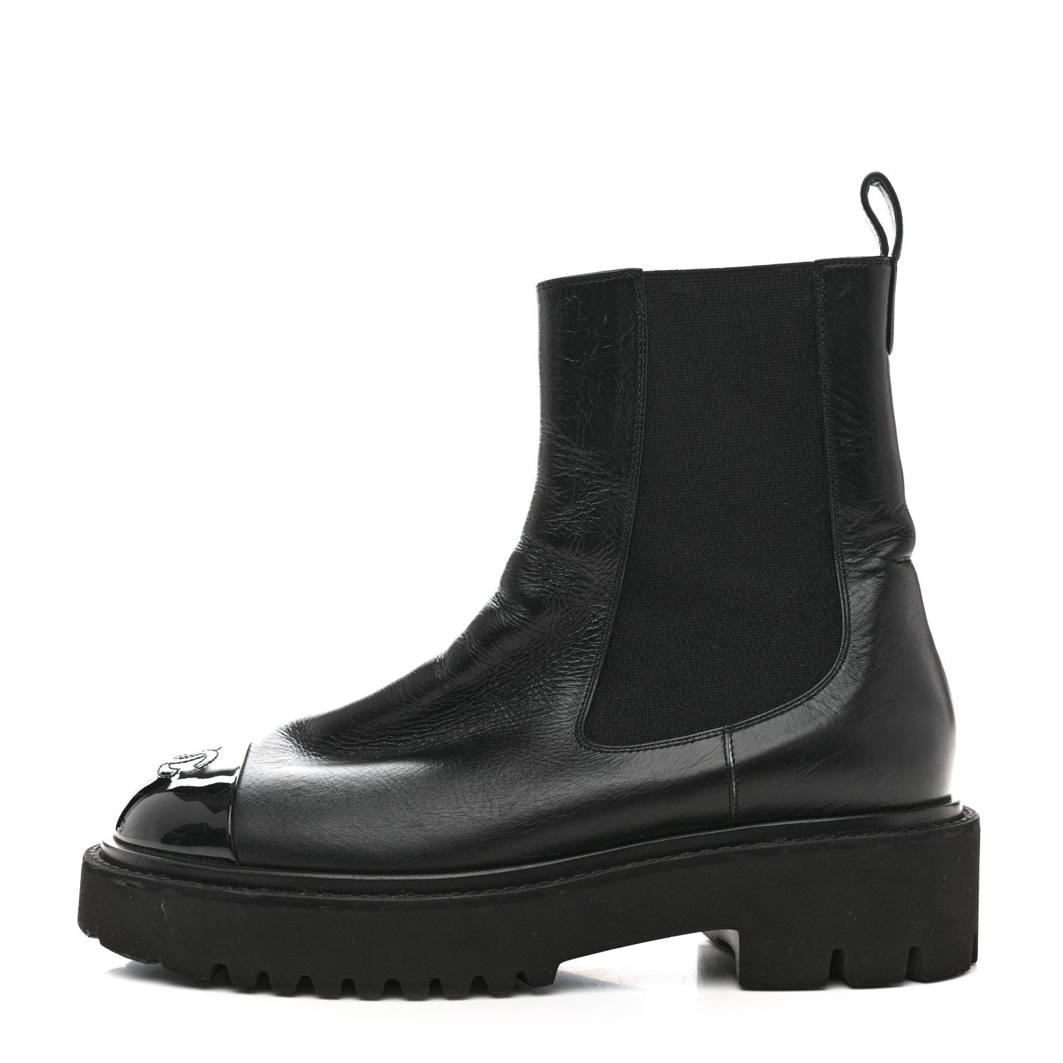 CRUMPLED CALFSKIN PATENT CAP TOE SHORT BOOTS BLACK