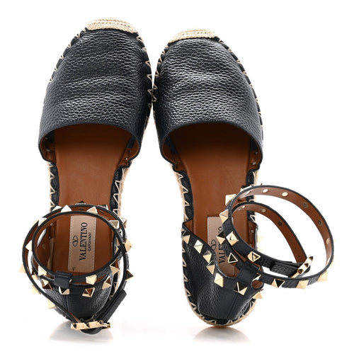 GRAINED CALFSKIN ROCKSTUD ANKLE WRAP ESPADRILLE 20MM FLATS NAVY