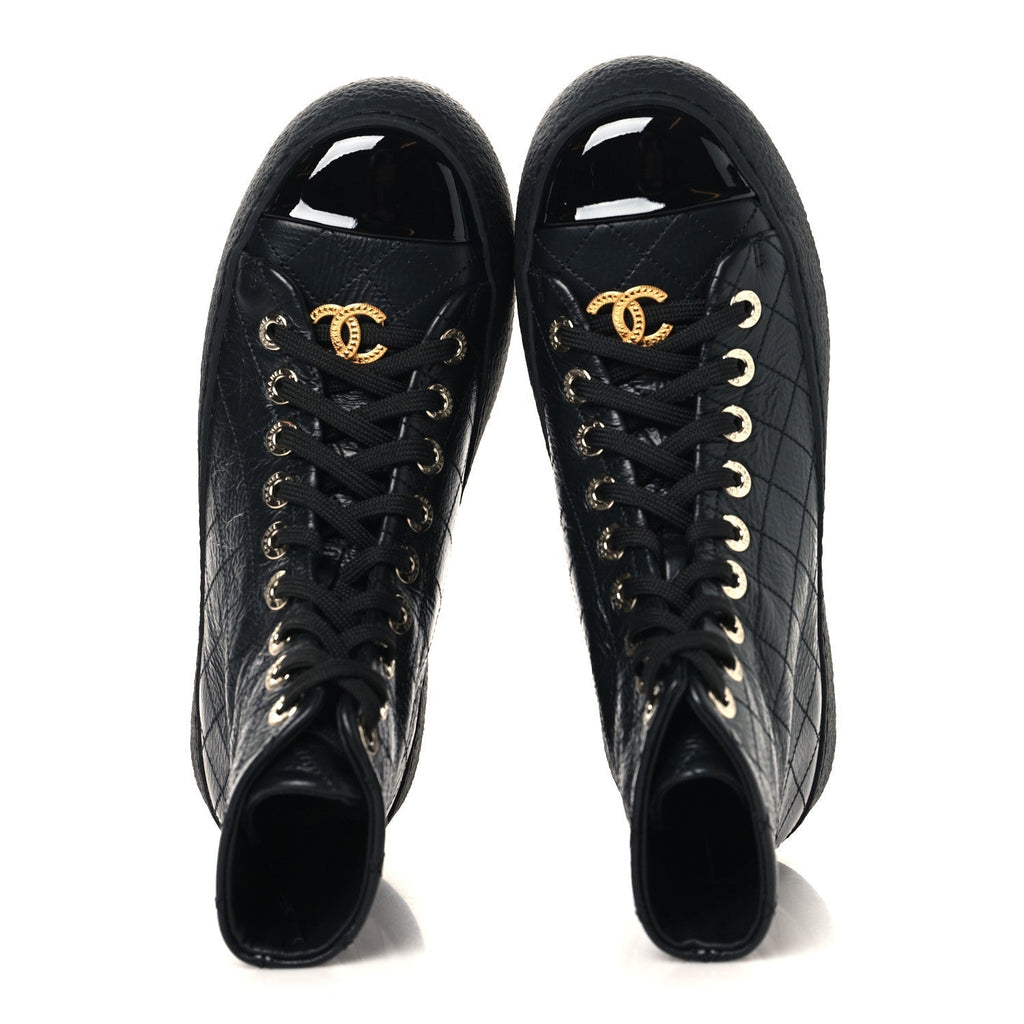 CRUMPLED LAMBSKIN PATENT CAP TOE CC STITCHED HIGH TOP SNEAKERS BLACK
