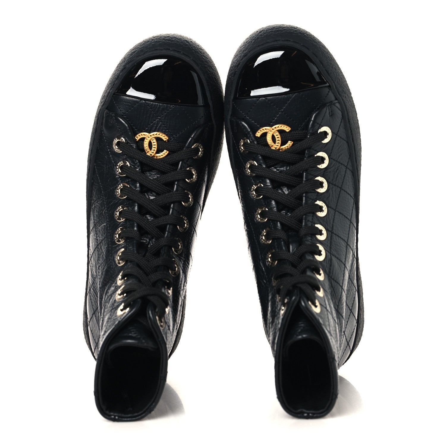 CRUMPLED LAMBSKIN PATENT CAP TOE CC STITCHED HIGH TOP SNEAKERS BLACK