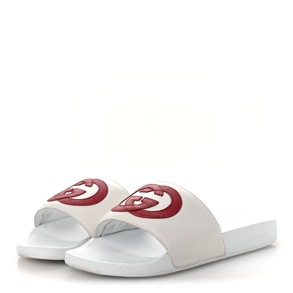 NAPPA MIRO SOFT CALFSKIN INTERLOCKING G MENS SLIDE SANDALS WHITE HIBISCUS RED
