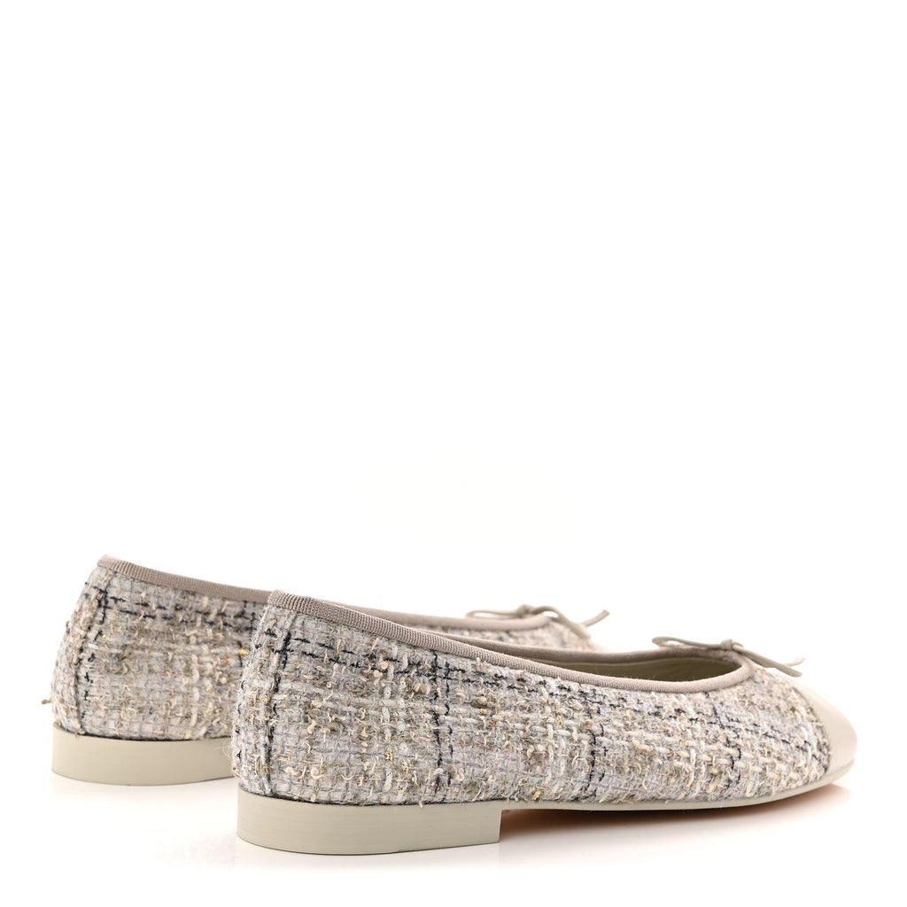 TWEED LAMBSKIN CAP TOE BALLERINA FLATS GREY MULTICOLOR