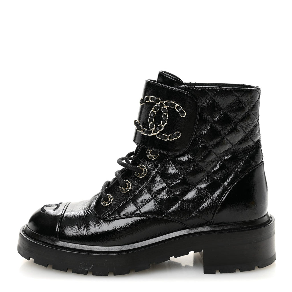 SHINY CALFSKIN QUILTED LACE UP COMBAT BOOTS BLACK