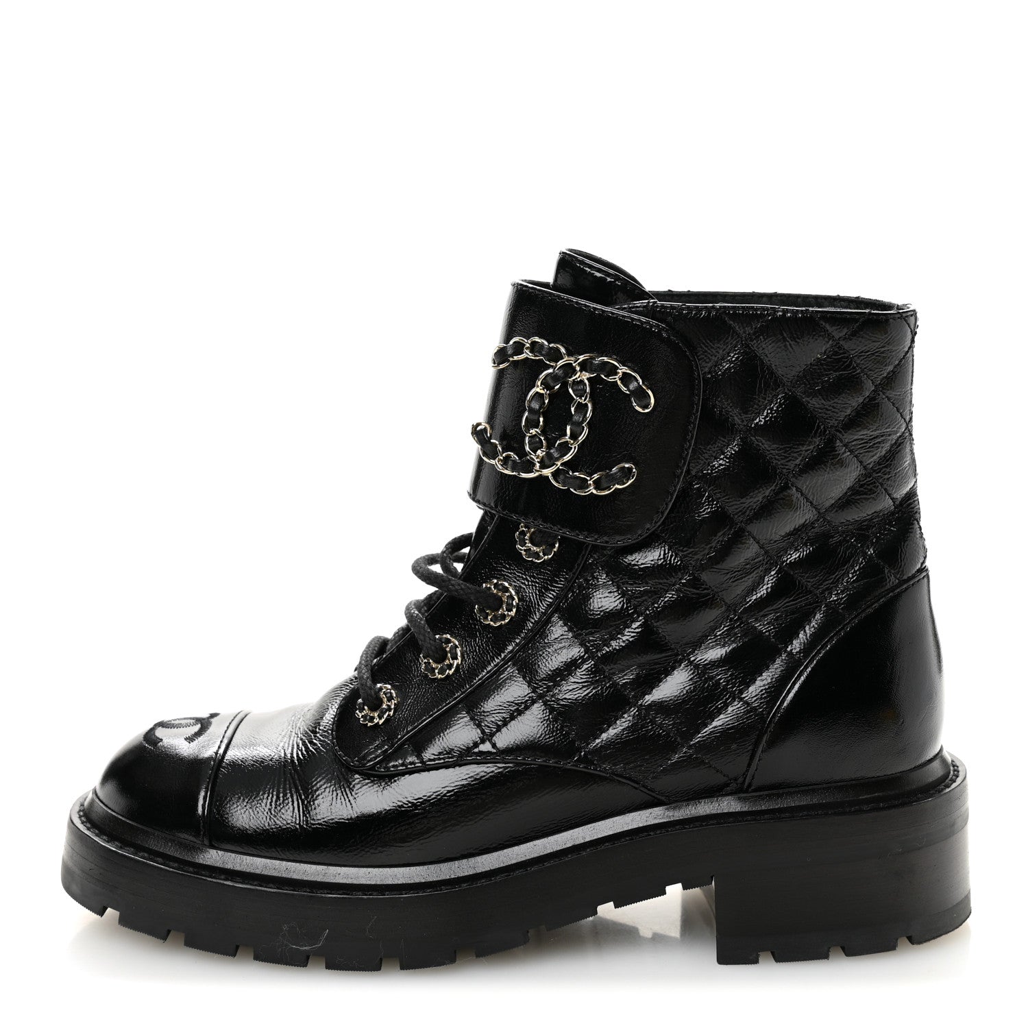 SHINY CALFSKIN QUILTED LACE UP COMBAT BOOTS BLACK