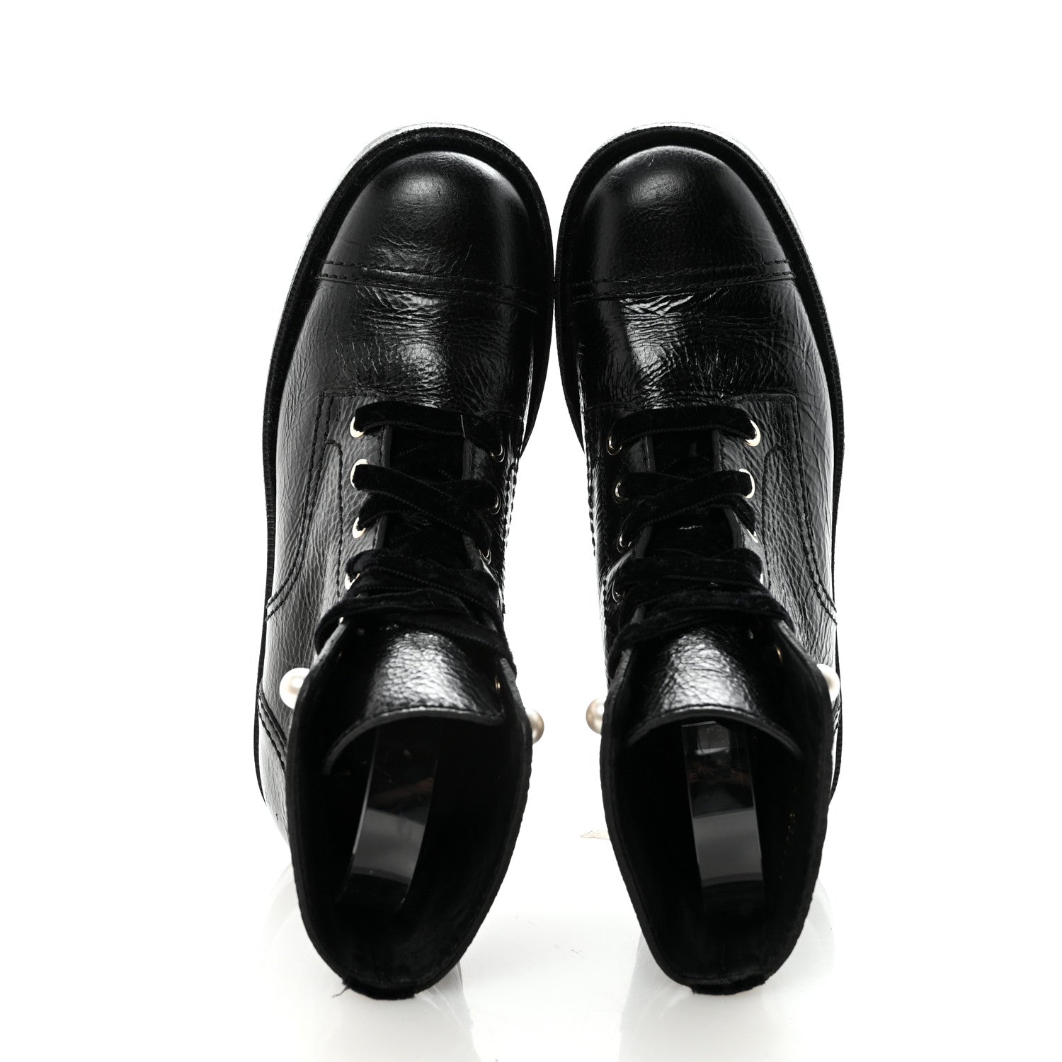 SHINY CALFSKIN VELVET PEARL COMBAT SHORT BOOTS BLACK