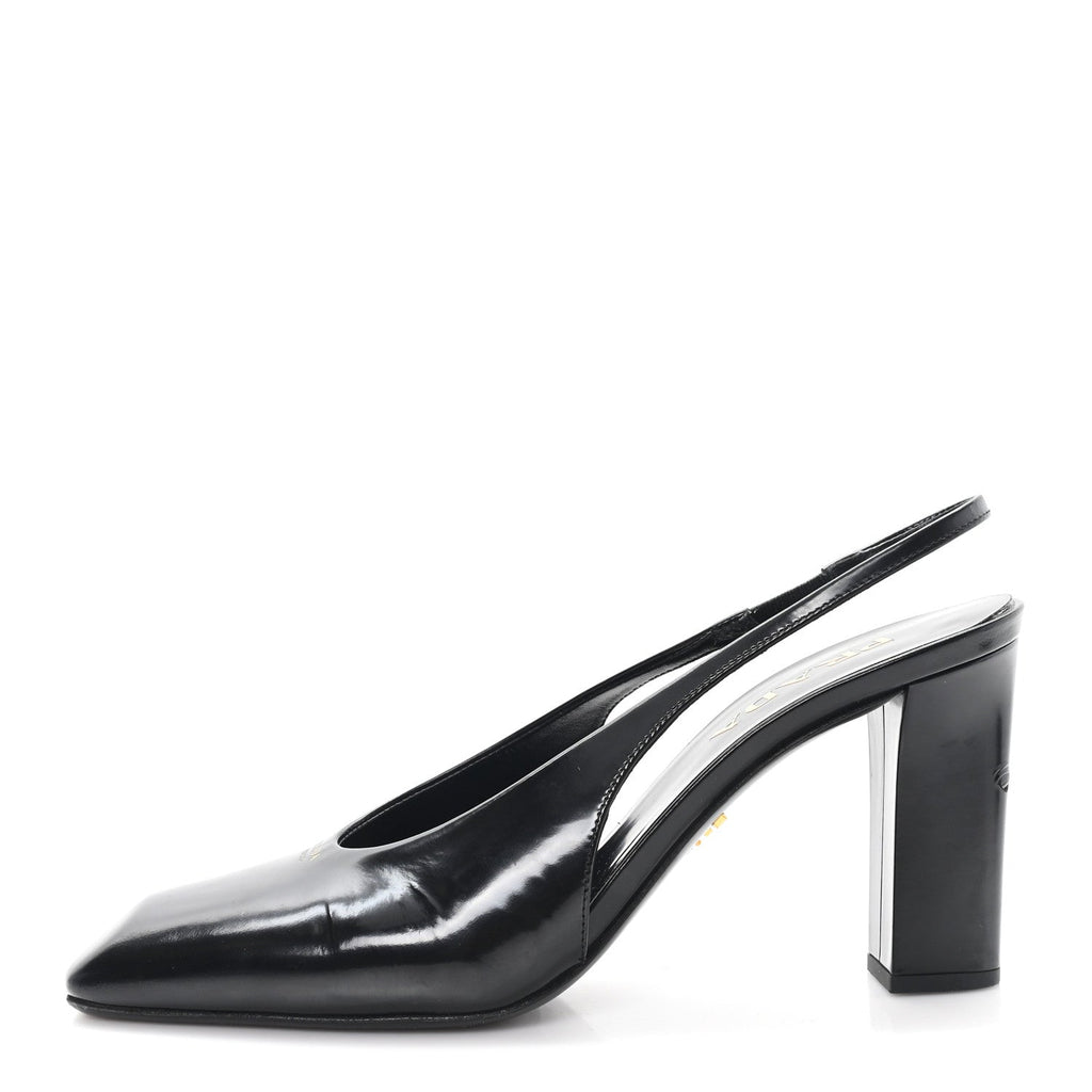 PATENT CALFSKIN SQUARE TOE 85MM SLINGBACK PUMPS BLACK