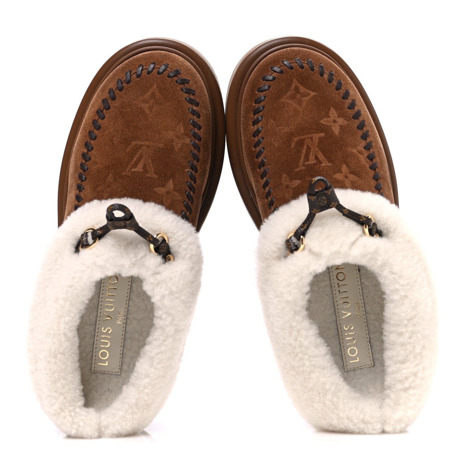 SUEDE CALFSKIN SHEARLING MONOGRAM DEBOSSED CORTINA CLOSED MULE LIGHT BEIGE