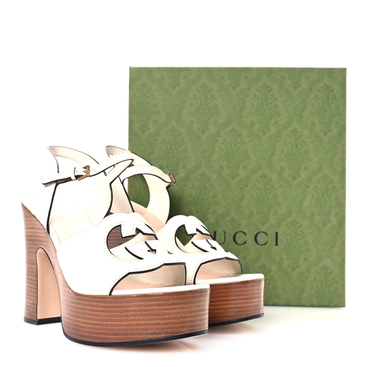 COSMOS SOFTY CALFSKIN WOODEN INTERLOCKING G CUT-OUT /120MM PLATFORM SANDALS MYSTIC WHITE
