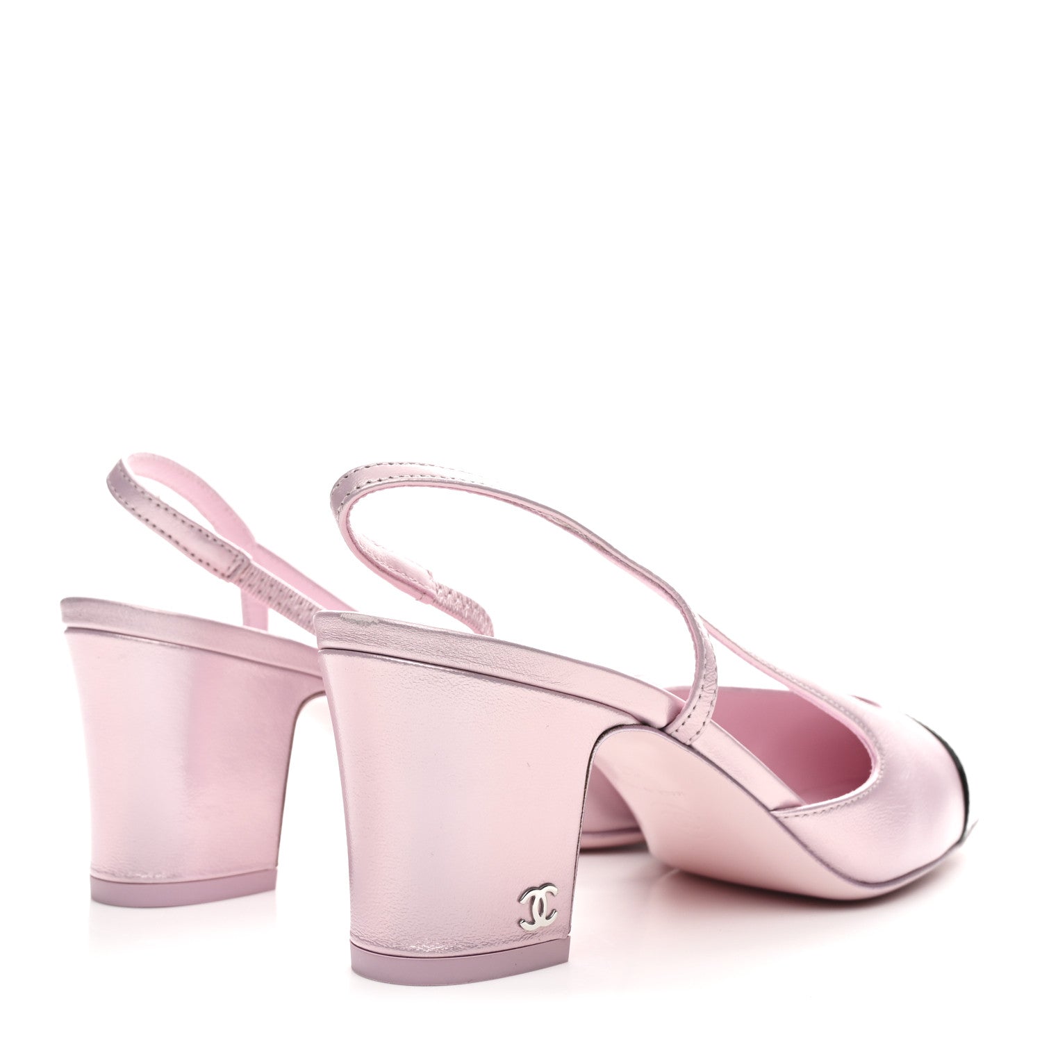 LAMINATED LAMBSKIN PATENT CAP TOE CC SLINGBACK PUMPS LIGHT PINK BLACK