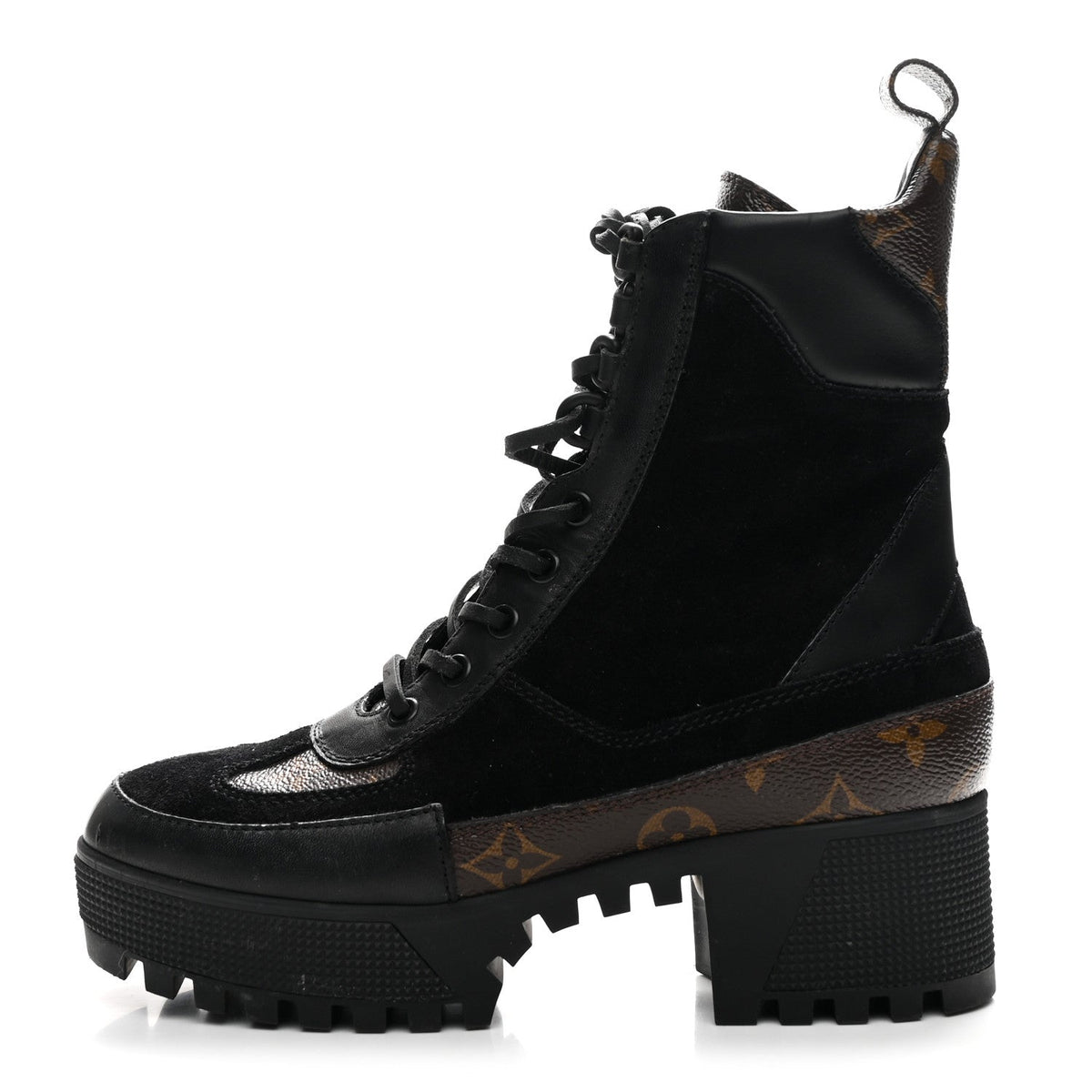 LOUIS VUITTON SUEDE CALFSKIN MONOGRAM LAUREATE PLATFORM DESERT BOOT BLACK WITH LV HEART PATCHES