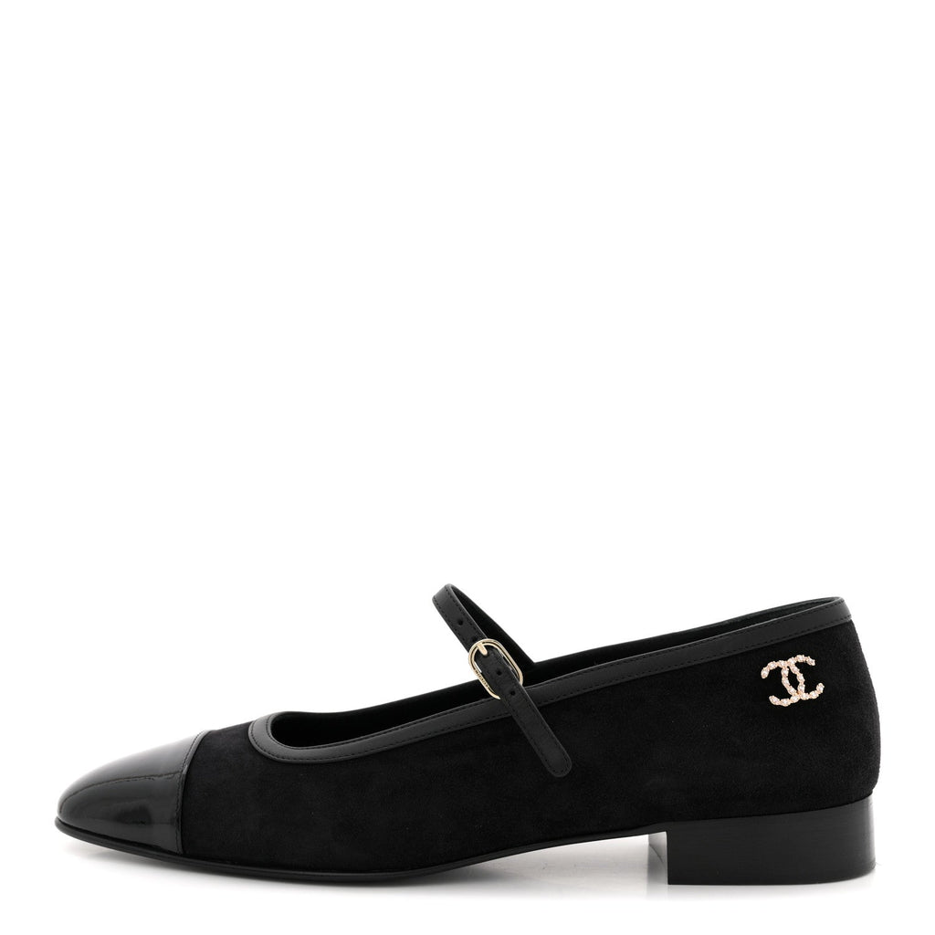 SUEDE KIDSKIN LAMBSKIN PATENT CALFSKIN CRYSTAL CC CAP TOE FLATS BLACK