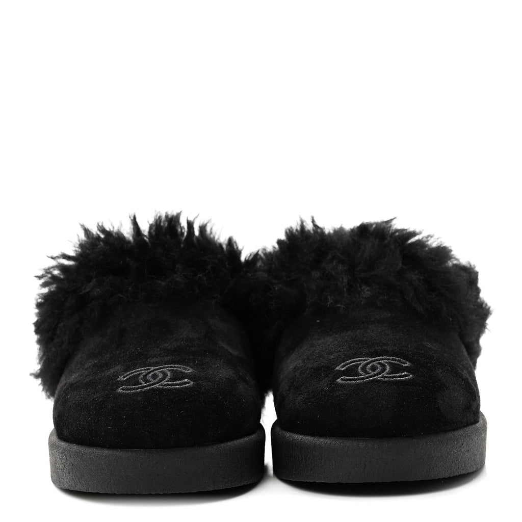 SUEDE SHEARLING CC CAP TOE MULES BLACK