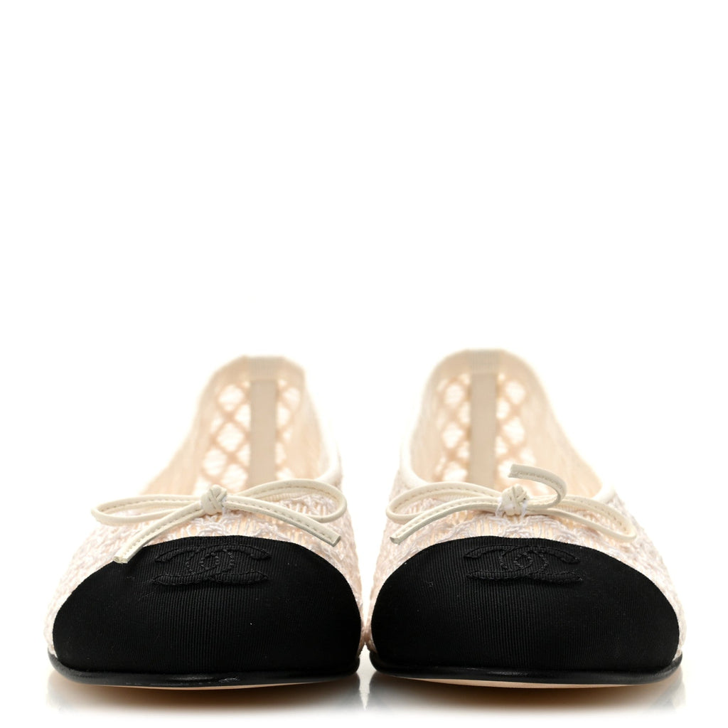 EMBROIDERED GROSGRAIN CAP TOE BALLERINA FLATS WHITE BLACK