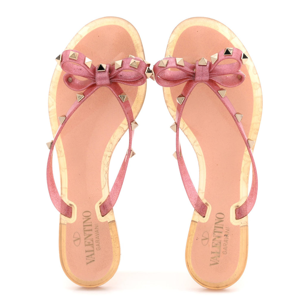 PVC JELLY GLITTER ROCKSTUD BOW THONG SANDALS PINK