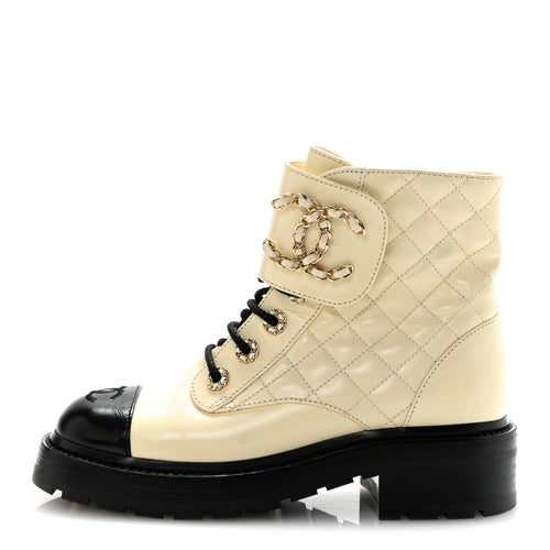 SHINY GOATSKIN CALFSKIN QUILTED LACE UP COMBAT BOOTS IVORY BLACK