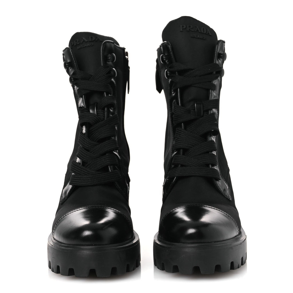 SPAZZOLATO RE-NYLON METAL TRIANGLE LOGO LACE UP 55MM ANKLE BOOTS BLACK