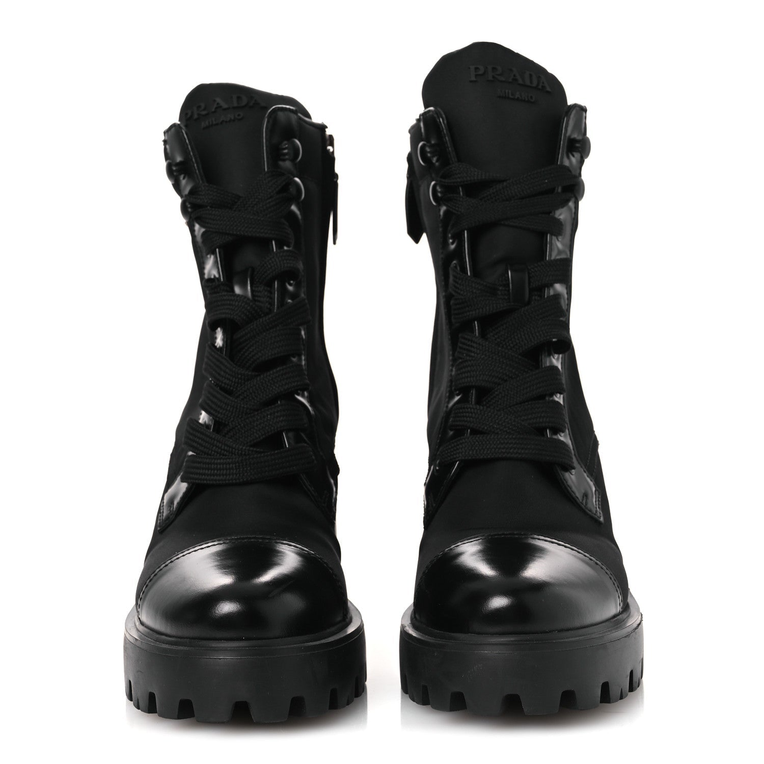 SPAZZOLATO RE-NYLON METAL TRIANGLE LOGO LACE UP 55MM ANKLE BOOTS BLACK
