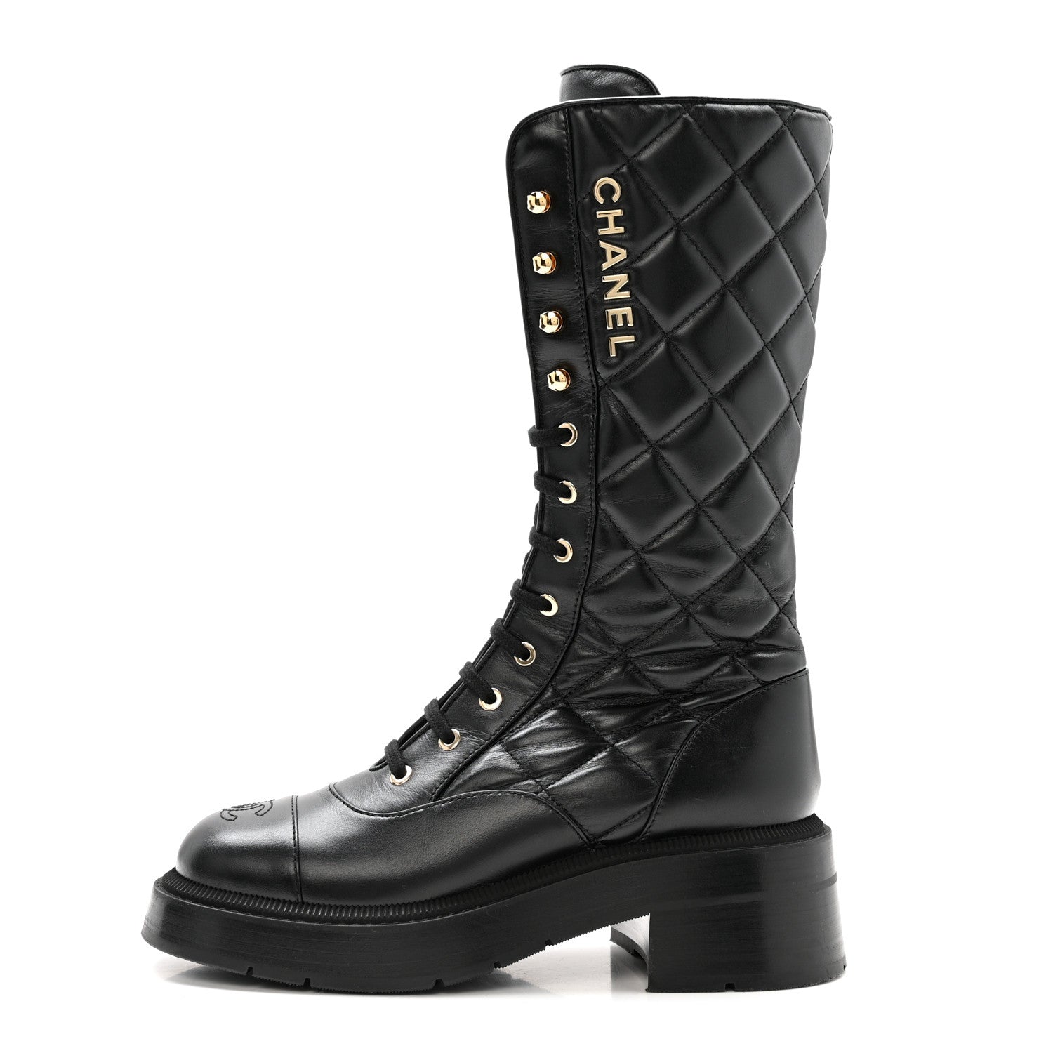 CALFSKIN QUILTED LOGO LACE UP TALL COMBAT BOOTS BLACK
