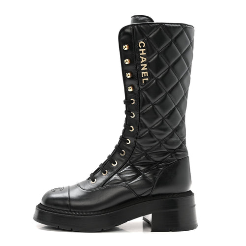 CALFSKIN QUILTED LOGO LACE UP TALL COMBAT BOOTS BLACK