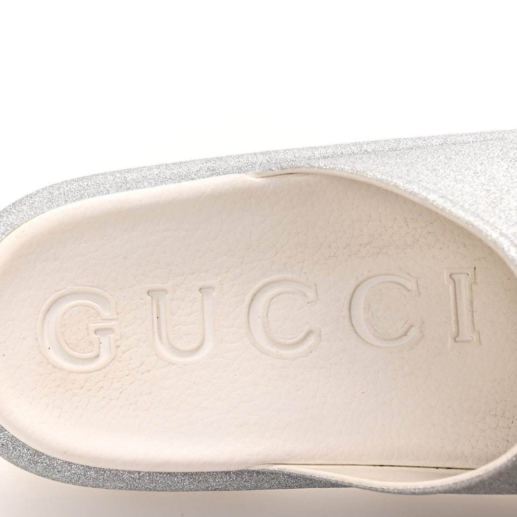 GLITTER RUBBER WOMENS INTERLOCKING G PLATFORM 42MM SLIDE SANDALS SILVER