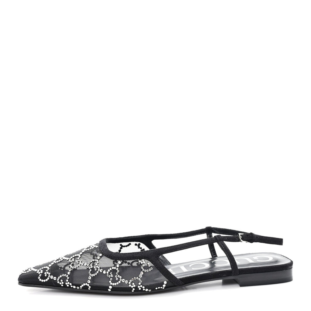 SUEDE MESH CRYSTAL GG MONOGRAM SLINGBACK BALLET FLATS BLACK