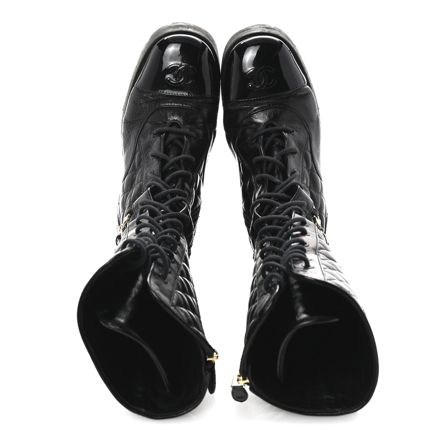 SHINY CALFSKIN PATENT QUILTED CHAIN LACE UP COMBAT LONG BOOTS BLACK