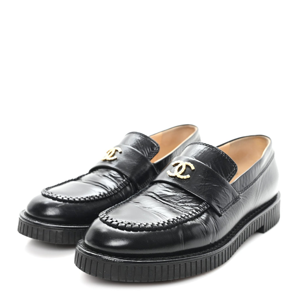 SHINY CRUMPLED CALFSKIN CC MOCASSIN LOAFERS BLACK