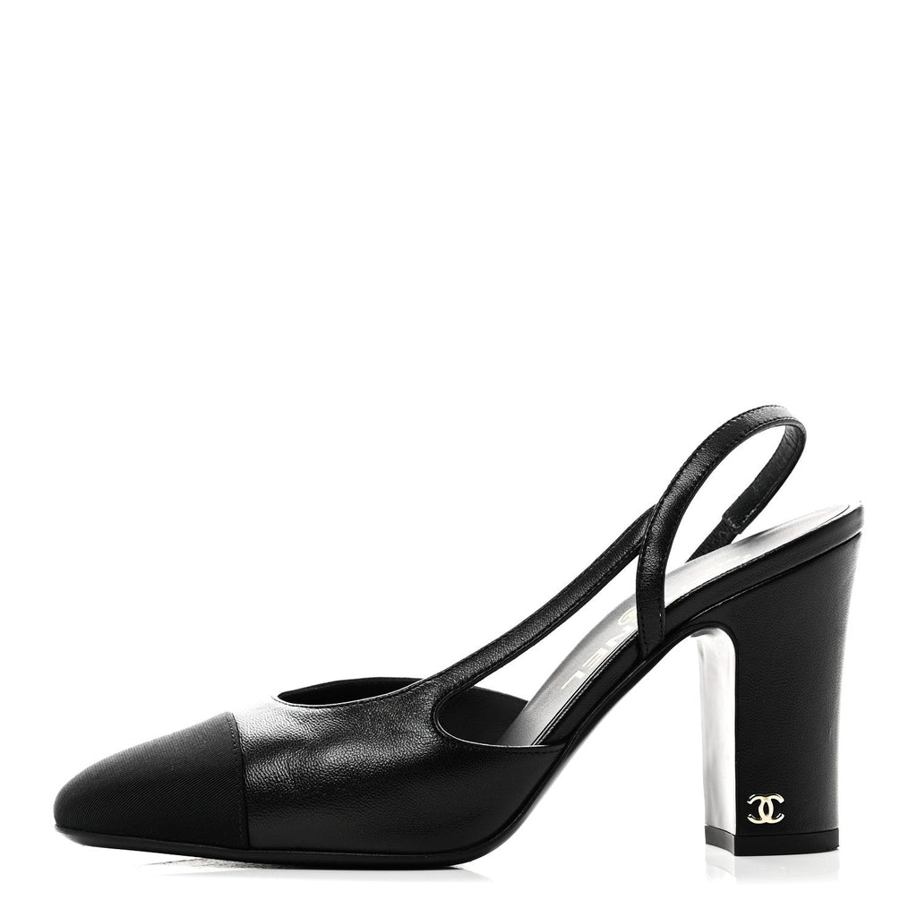LAMBSKIN GROSGRAIN CAP TOE CC SLINGBACK PUMPS BLACK