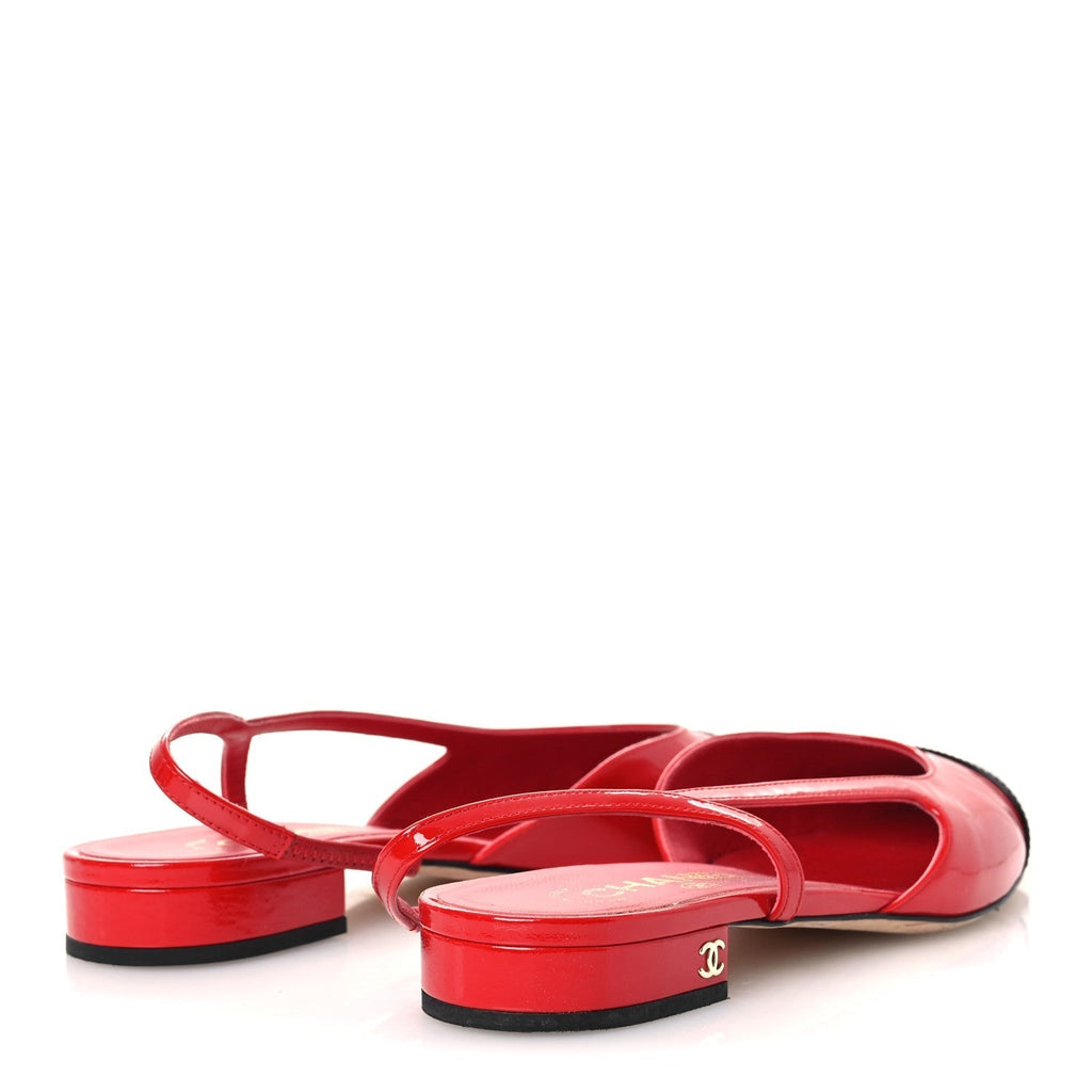 PATENT CALFSKIN CAP TOE CC SLINGBACK FLATS RED BLACK