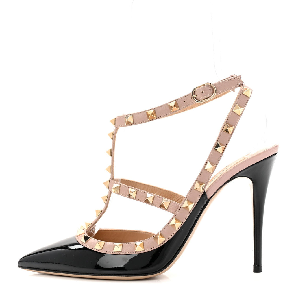 PATENT NAPPA ROCKSTUD ANKLE STRAP 100MM PUMPS BLACK POUDRE