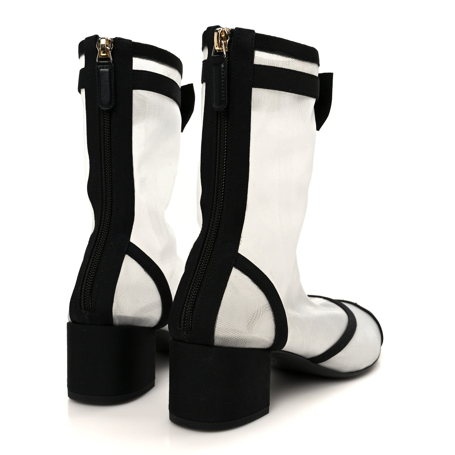 MESH GROSGRAIN CC CAP TOE ANKLE BOOTS WHITE BLACK