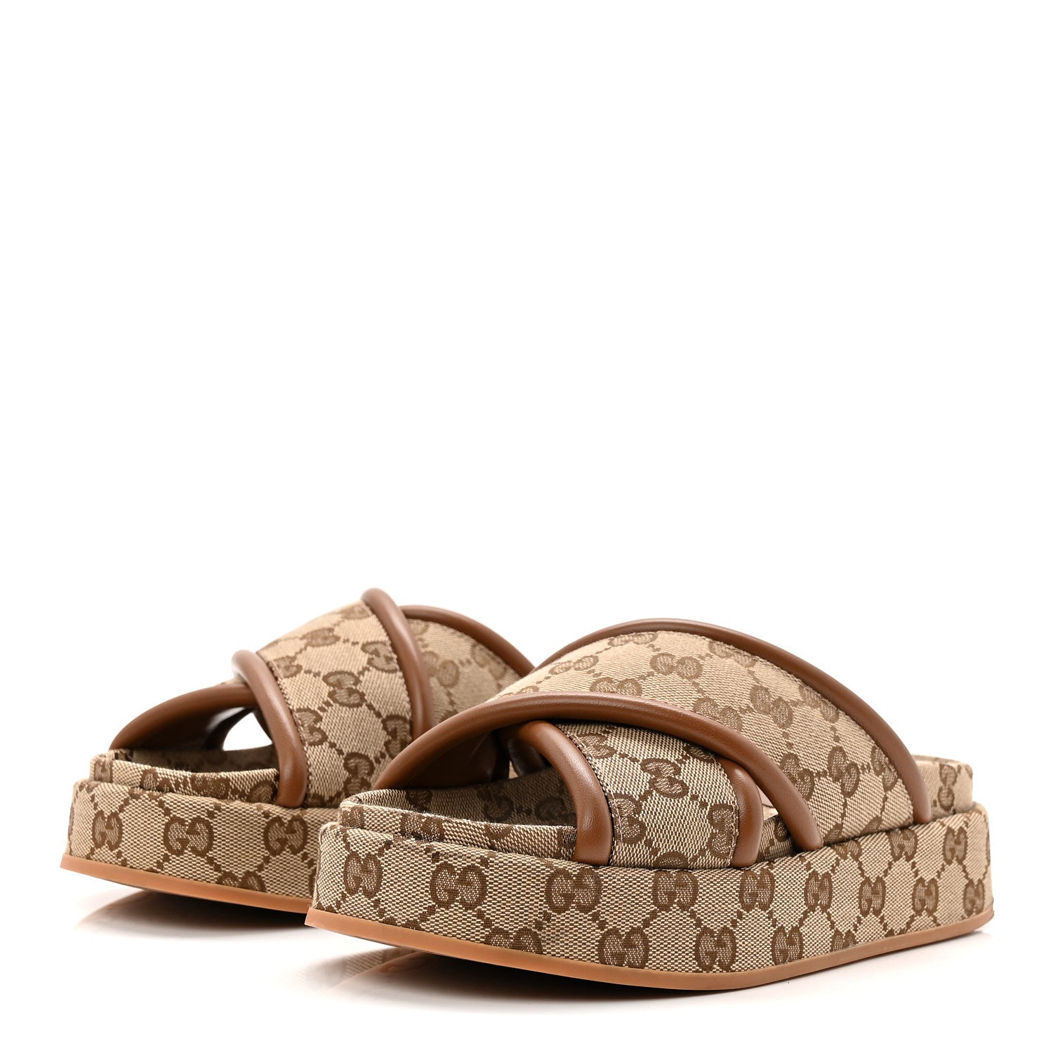 MONOGRAM GG CALFSKIN ANGELINA PLATFORM 55MM SLIDE SANDALS CAMEL EBONY