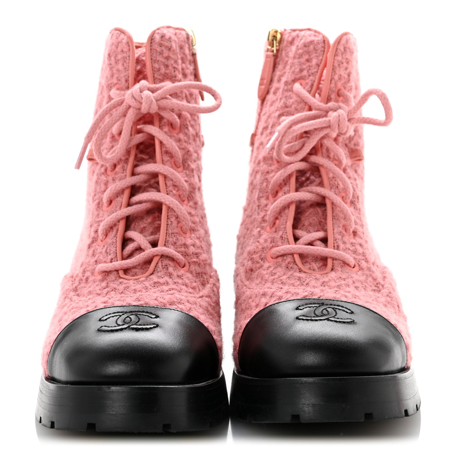 WOOL TWEED CALFSKIN CHAIN LACE UP COMBAT BOOTS PINK BLACK