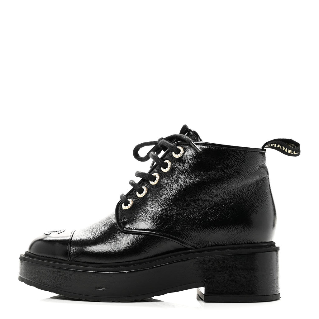 SHINY CALFSKIN PEARL LACE UP COMBAT SHORT BOOTS BLACK