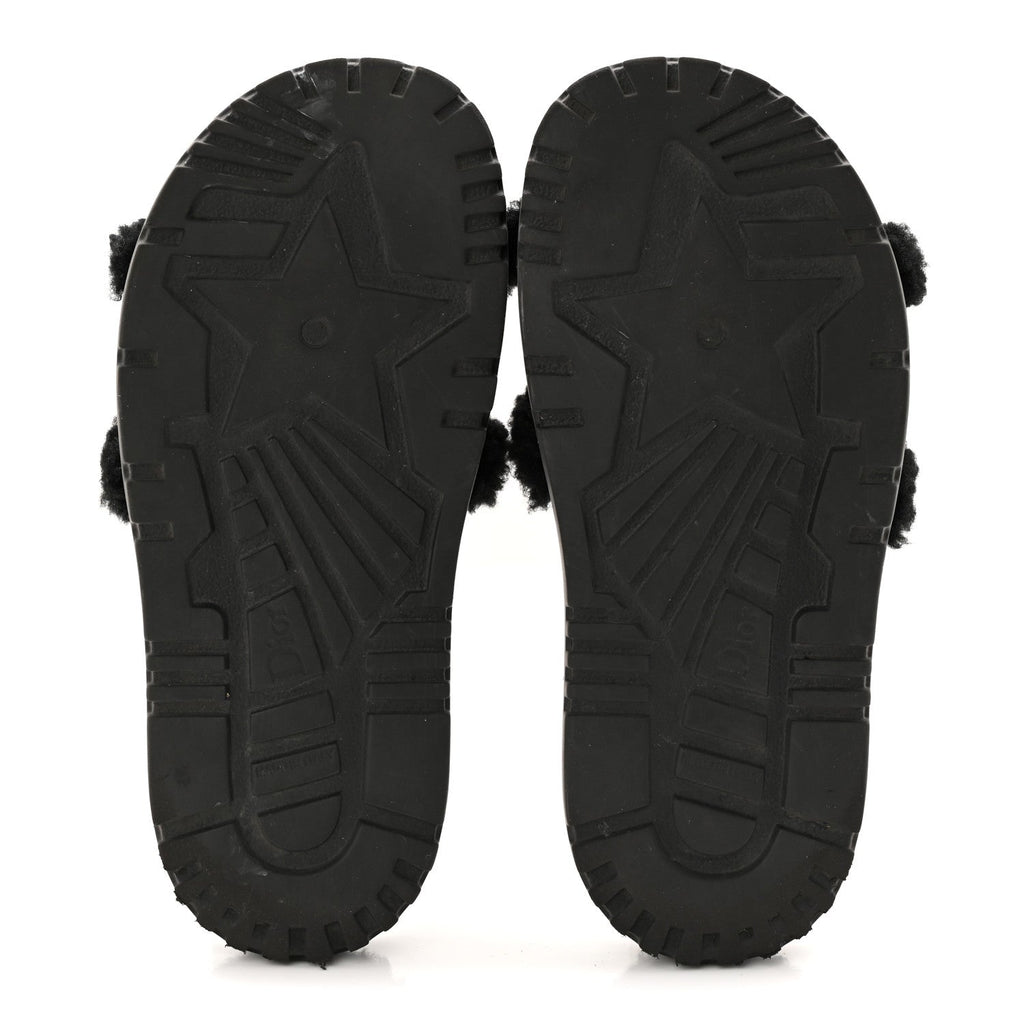 SHEARLING CANVAS LUREX EMBROIDERED DWAY 10MM SLIDE SANDALS BLACK NATURAL