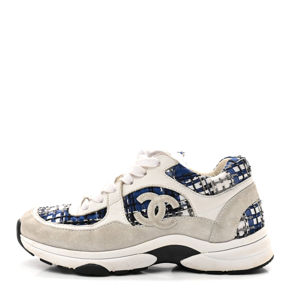 TWEED SUEDE CALFSKIN WOMENS CC SNEAKERS DARK BLUE BLACK GREY WHITE